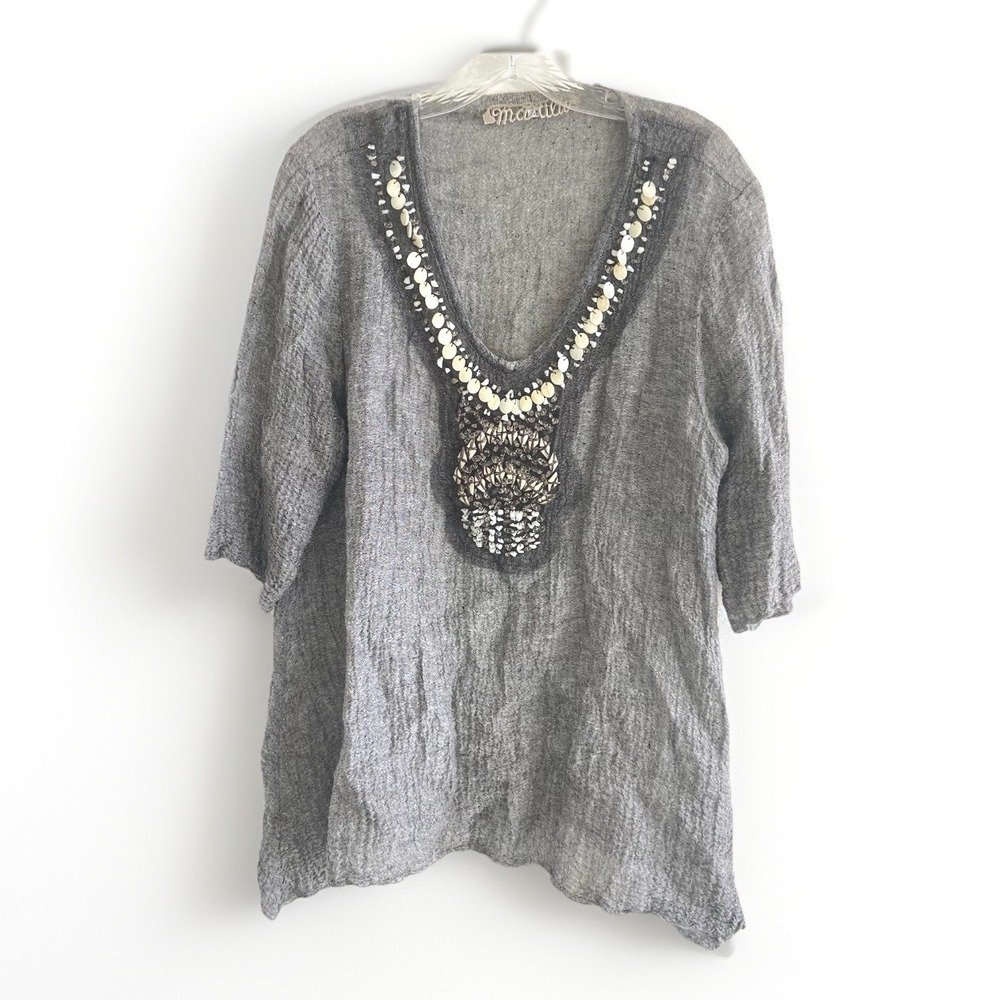 Marilu Linen Art To Wear Tunic Top Beaded Shells Gray M